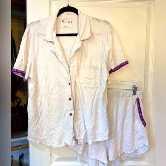 Pitusa Pima Shorts and Matching Pima Button Down PJ SET in Sky Blue - Picture 2 of 5